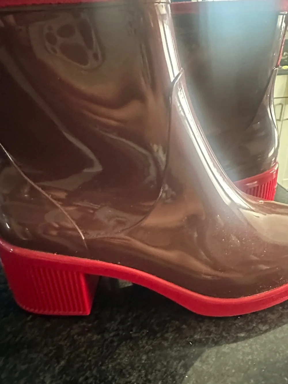 kate spade Brown Glossy Ankle Rain Boots with Red Trim